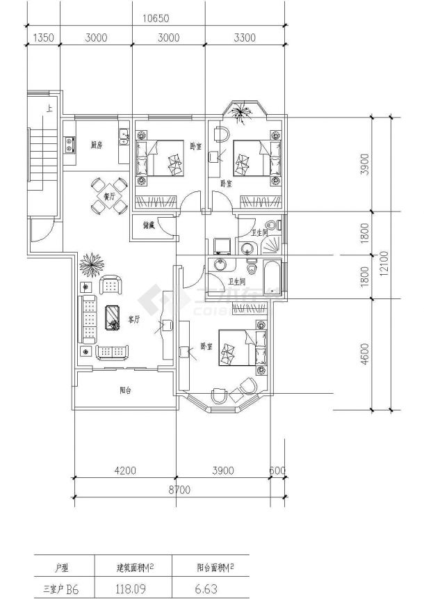 板式高层三室一厅单户户型图纸-图二