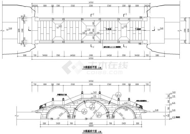 上海市某园林公园钢混结构古桥建筑施工方案设计cad图-图一