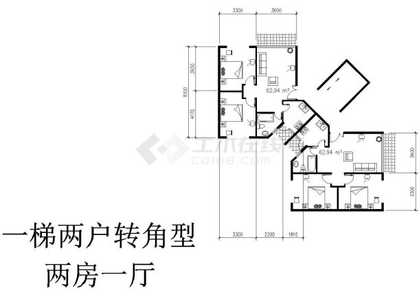 板式多层一梯二户转角型二室一厅户型图-图一