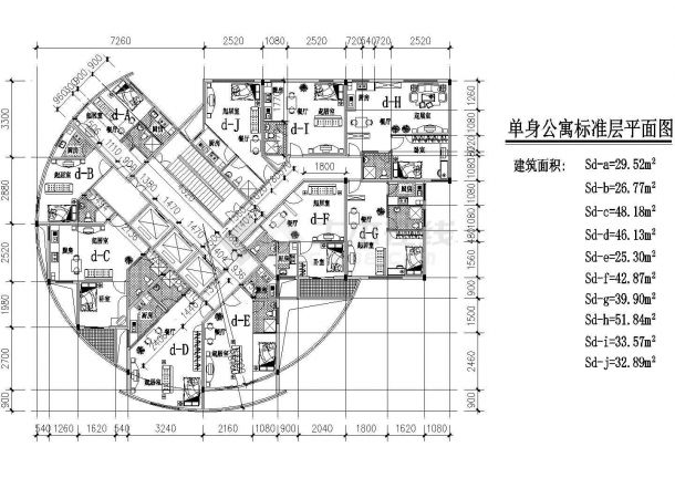 塔式高层一梯十户单身公寓户型图-图一