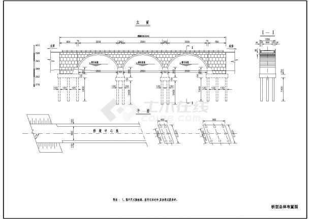 某斜拱桥桥型总体设计布置图（3孔）-1立面-图一