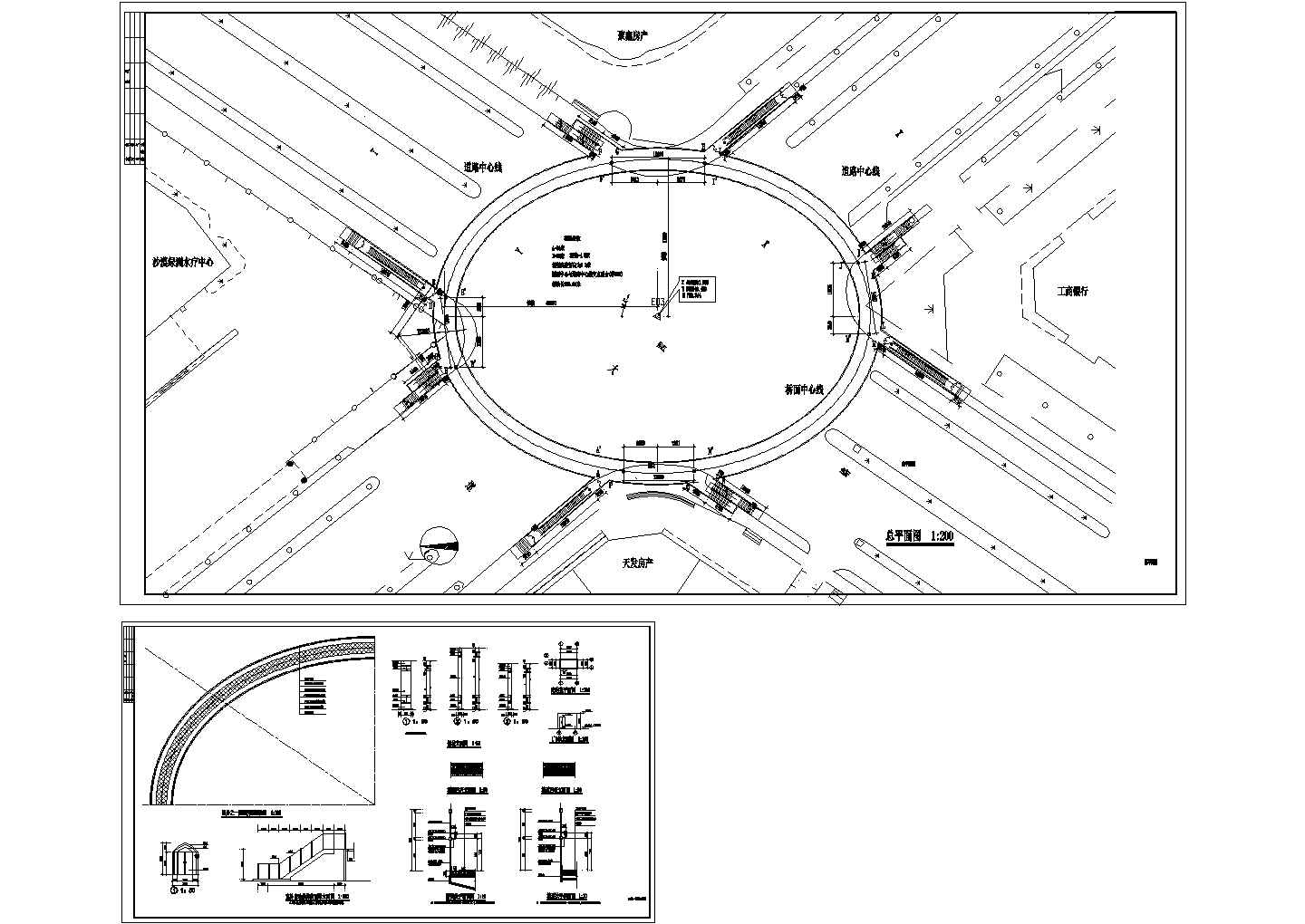 十字路口圆型人行天桥设计总平面图