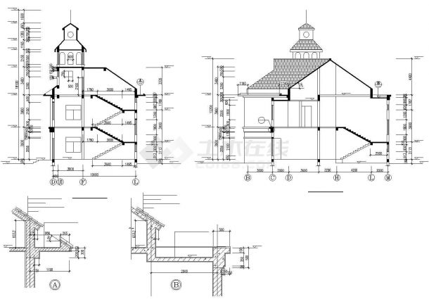 2200平米三层框架结构现代会所建筑设计CAD图纸（含阁楼）-图一
