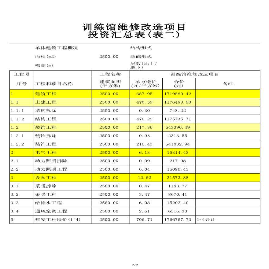 北京某训练馆维修改造项目投资估算实例-图二