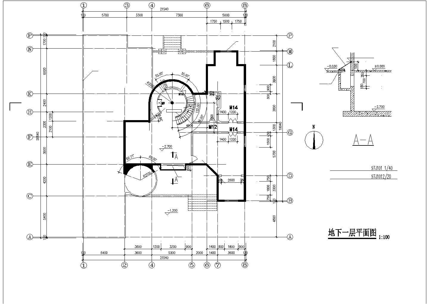某两层别墅建筑设计施工图（平立剖面、旋转楼梯、卫生间等）