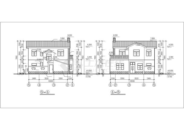 长沙市某别墅区245平米2层砖混结构独栋别墅平立剖面设计CAD图纸-图二