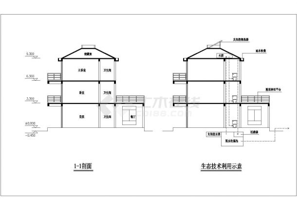 3层砖混结构双拼别墅平立剖面设计CAD图纸（每户180平米左右）-图二