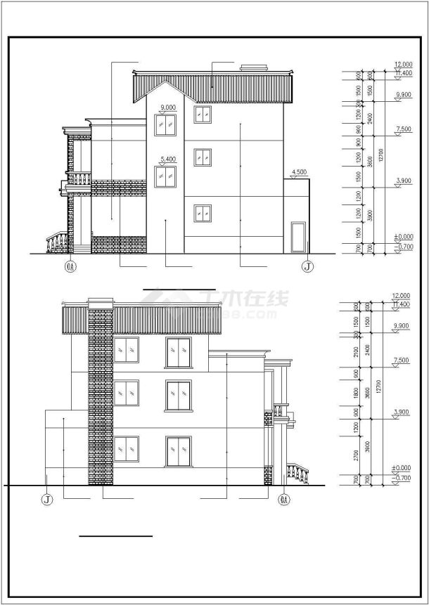 400平米3层砖混结构单体乡村别墅全套建筑设计CAD图纸-图二