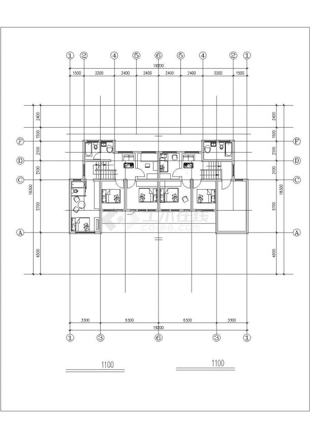 2层框混结构双拼别墅平立剖面设计CAD图纸（每户240平米/含错层）-图一