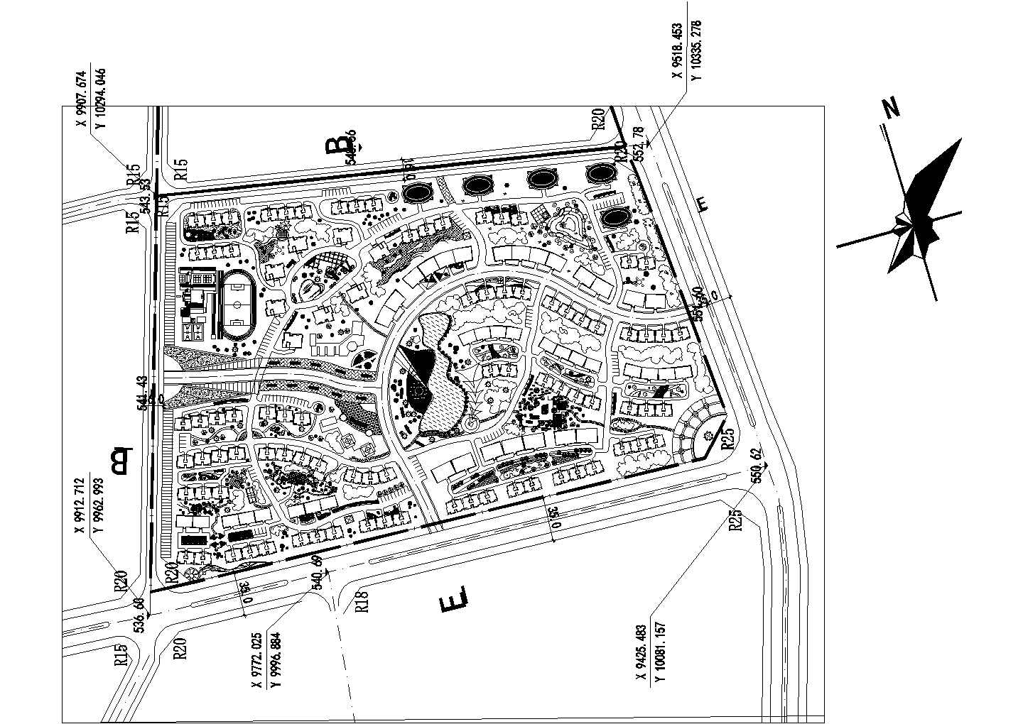 某梯形地块多层住宅小区规划设计cad方案总平面图（甲级院设计）