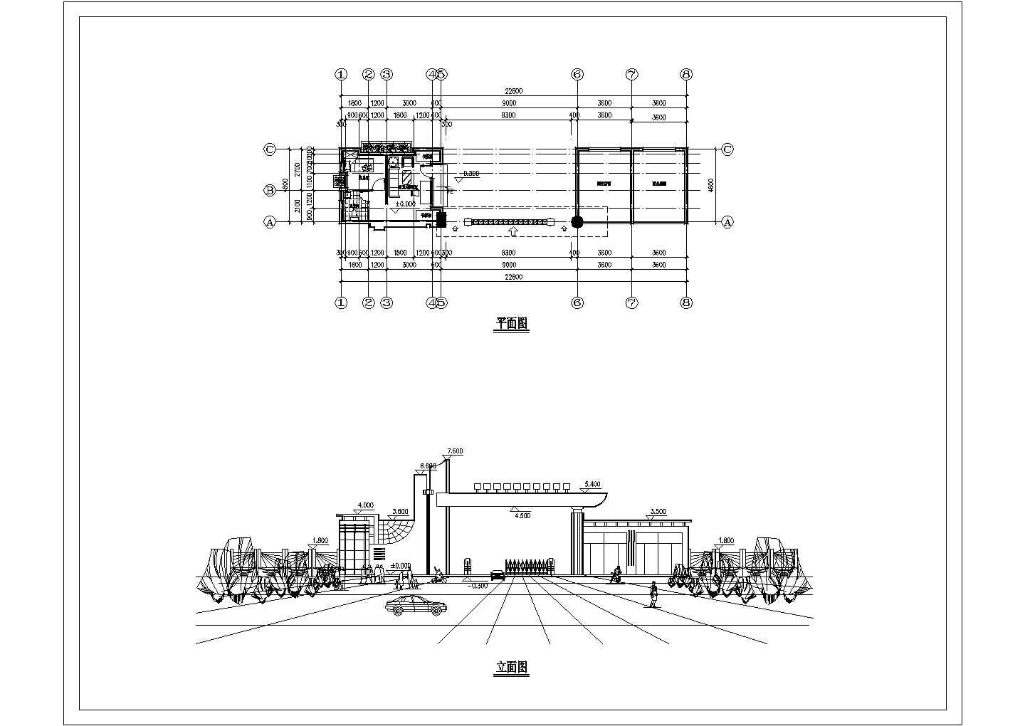 长22.8米 宽4.8米 单层学校大门建筑设计图纸