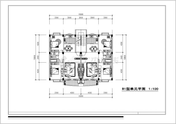 北京万科小区三期住宅楼经典1梯双户户型设计CAD图纸（共7张）-图二