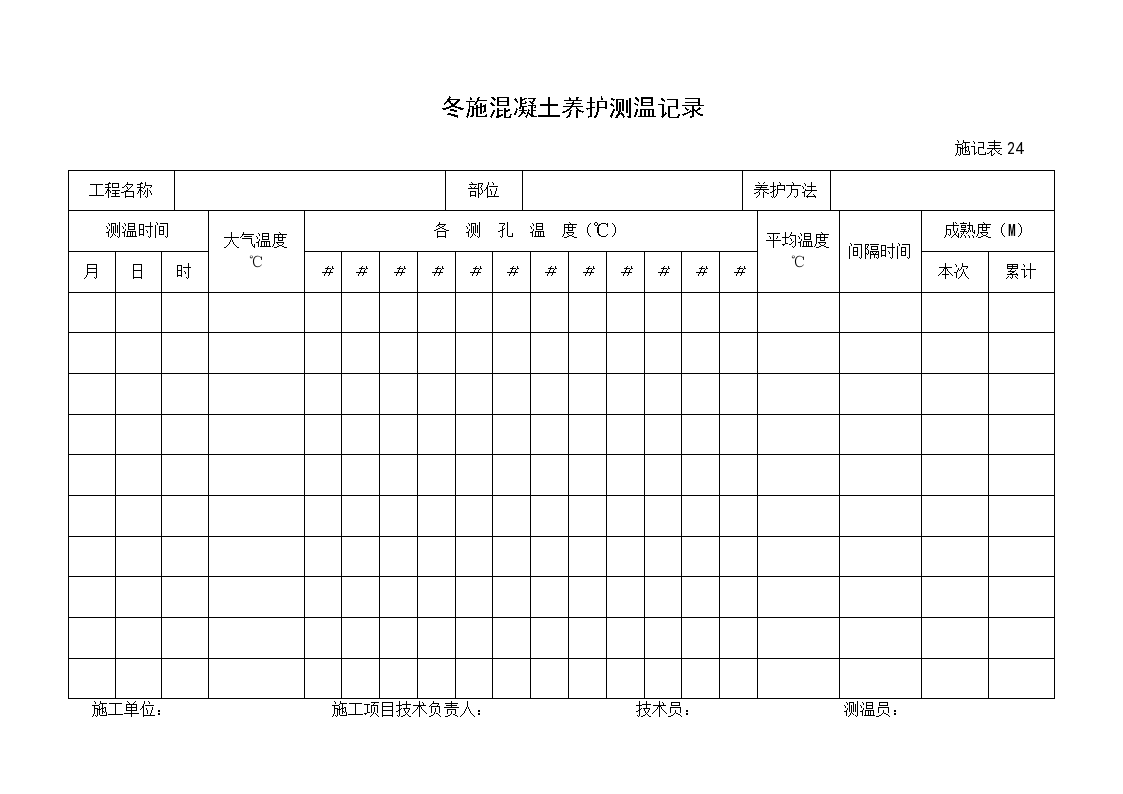 冬施混凝土养护测温记录