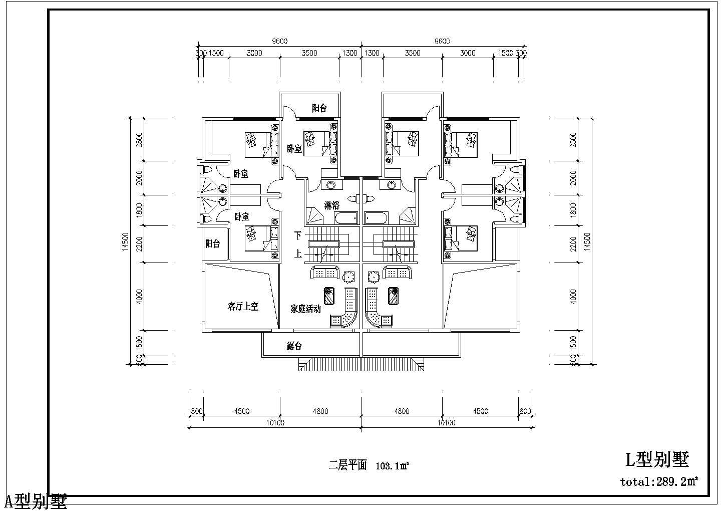 3层框混结构双拼别墅平立面设计CAD图纸（每户290平米）