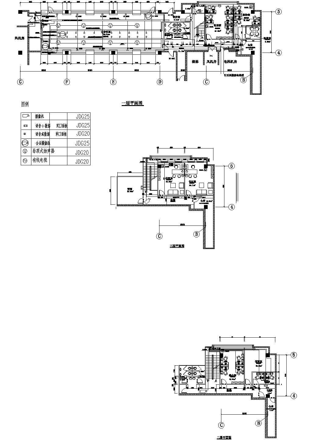 某三层办公楼弱电设计平面图 包含着各层平面图
