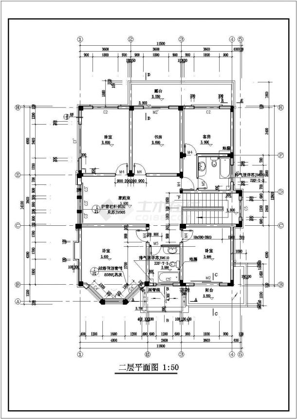 某地上二层带阁楼住宅楼建筑施工图纸-图二