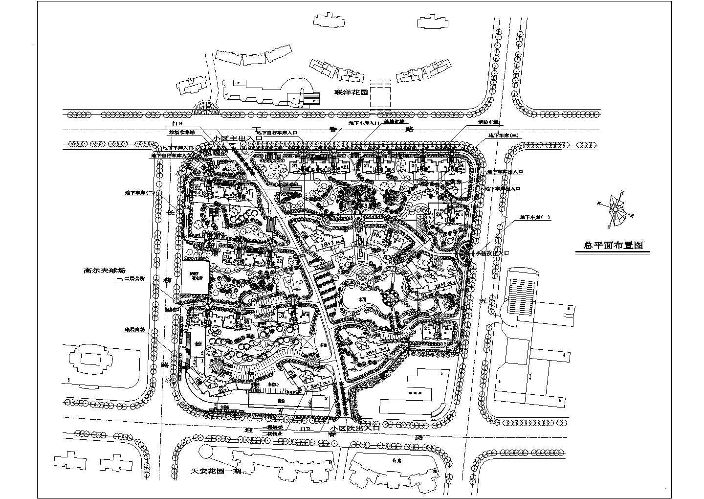 某城市正方形地块高级花园式住宅小区规划设计cad总平面布置图（标注详细）