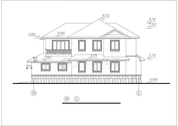 某现代化村镇327平米2层框架结构单体别墅平立剖面设计CAD图纸-图二