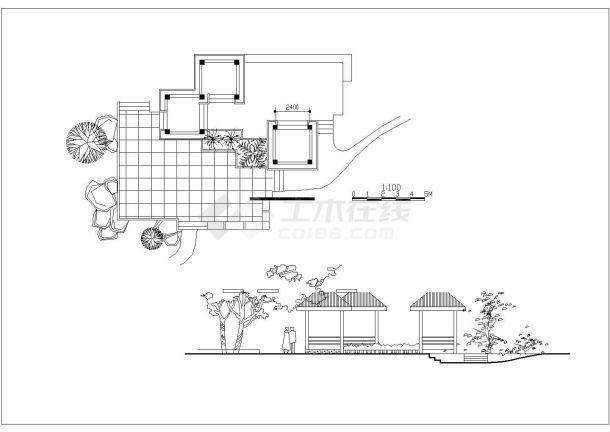 杭州西湖景区某仿古四角连体凉亭建筑设计CAD图纸-图一