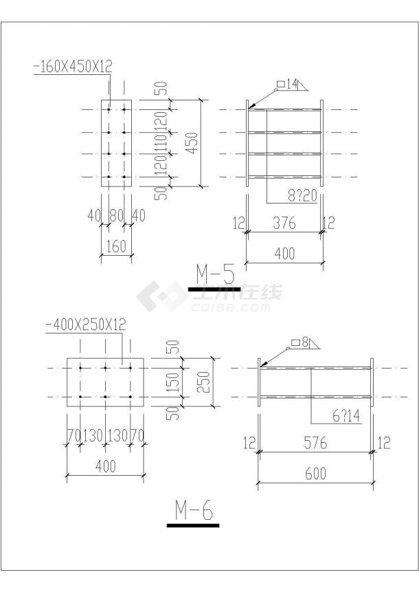 典型吊车柱的预埋件cad结构设计图纸（标注详细）-图二