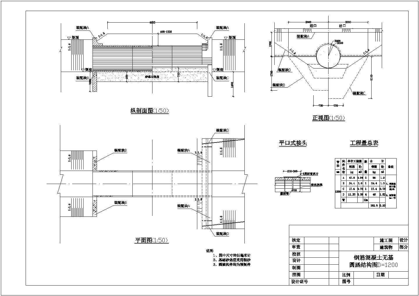 【最新】某水利工程钢筋混凝土无基圆涵结构设计CAD图纸
