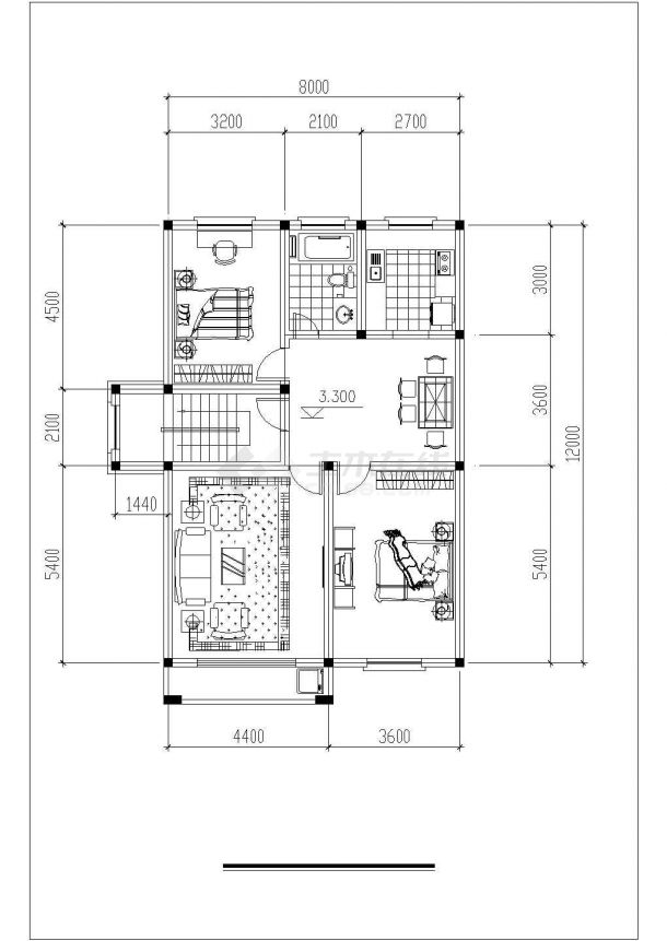 哈尔滨某现代化村镇405平米3层框架结构自建楼平立剖面设计CAD图纸-图二
