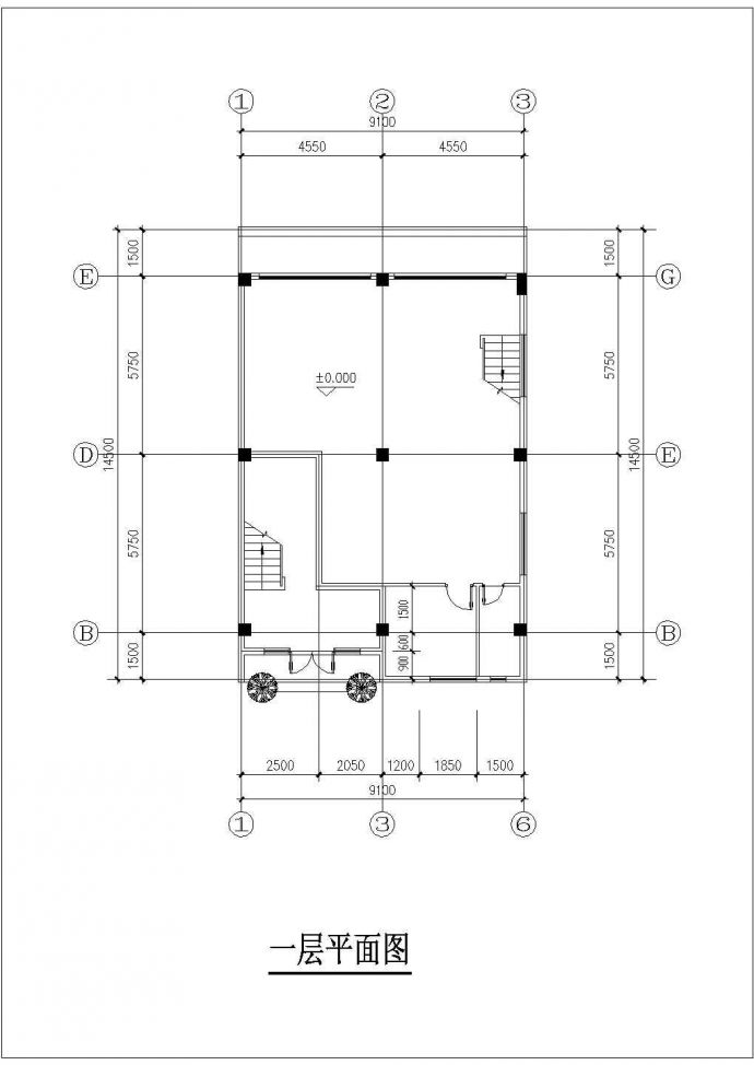 450平米4层框混结构新农村自建商住楼平面设计CAD图纸（底层商铺）_图1