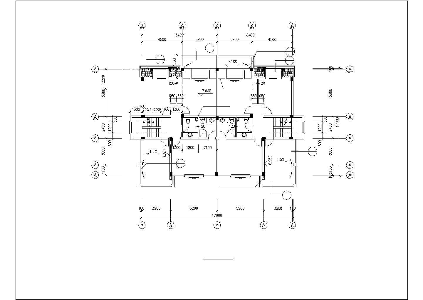 17x12m四层框架结构两户并联式别墅平面设计CAD图纸
