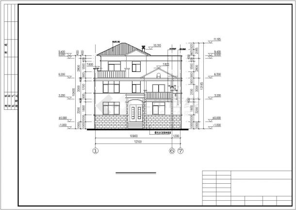 鹤岗市某村镇374平米3层框架结构单体别墅平立剖面设计CAD图纸-图二