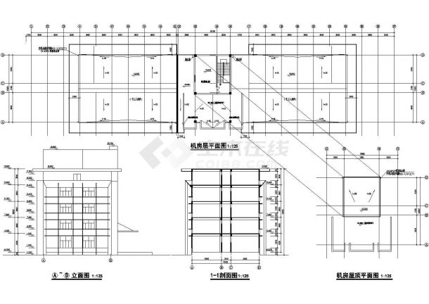 办公楼设计_某五层砖混结构大型办公楼设计cad建筑方案图（标注详细）-图一