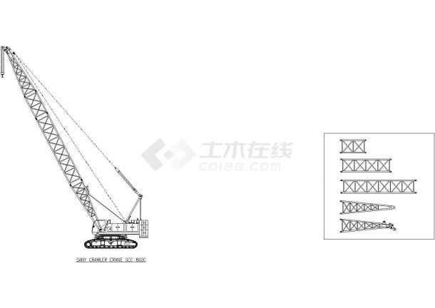 某80吨履带吊车设计CAD示意图（做吊装方案时，可用来复核吊装半径、臂长、工作幅度，1比1尺寸）-图一