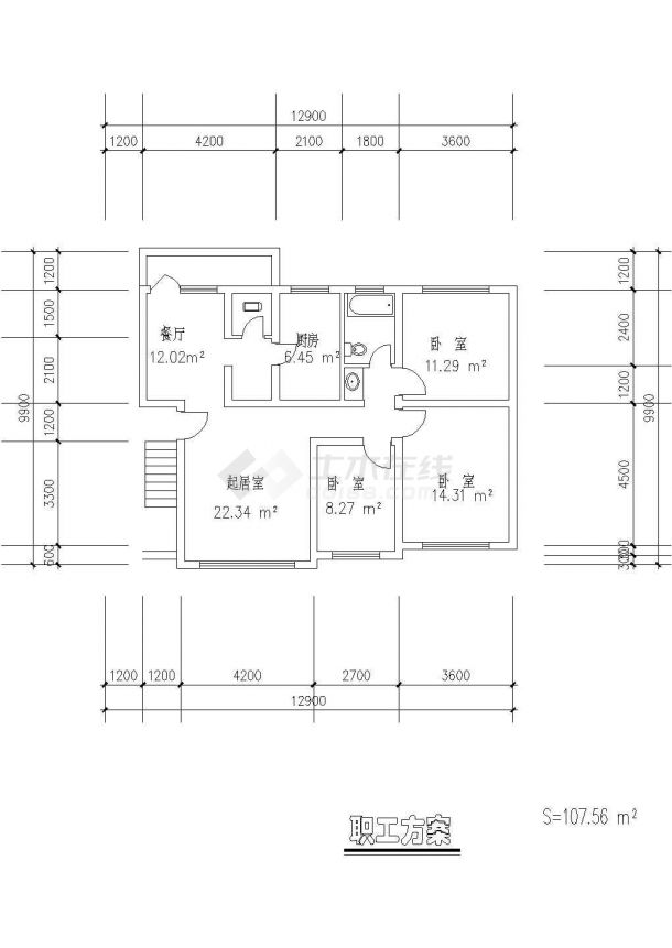 板式多层单户三室户型施工cad图-图二