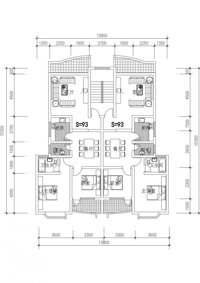 板式多层一梯二户户型施工CAD图纸_图1