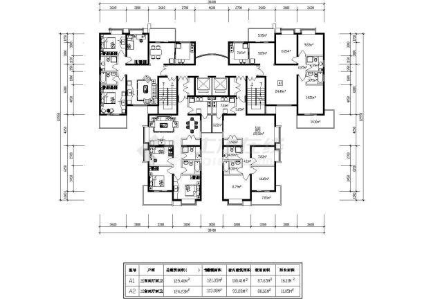 塔式高层一梯四北梯户型施工CAD图-图一