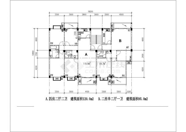 某多层住宅标准层建筑设计施工全套户型方案CAD图纸-图二
