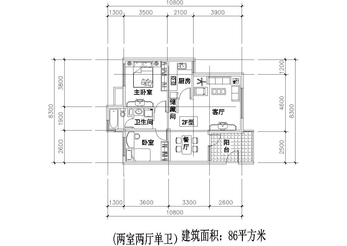 两室两厅一厨两卫86平方米设计CAD图纸
