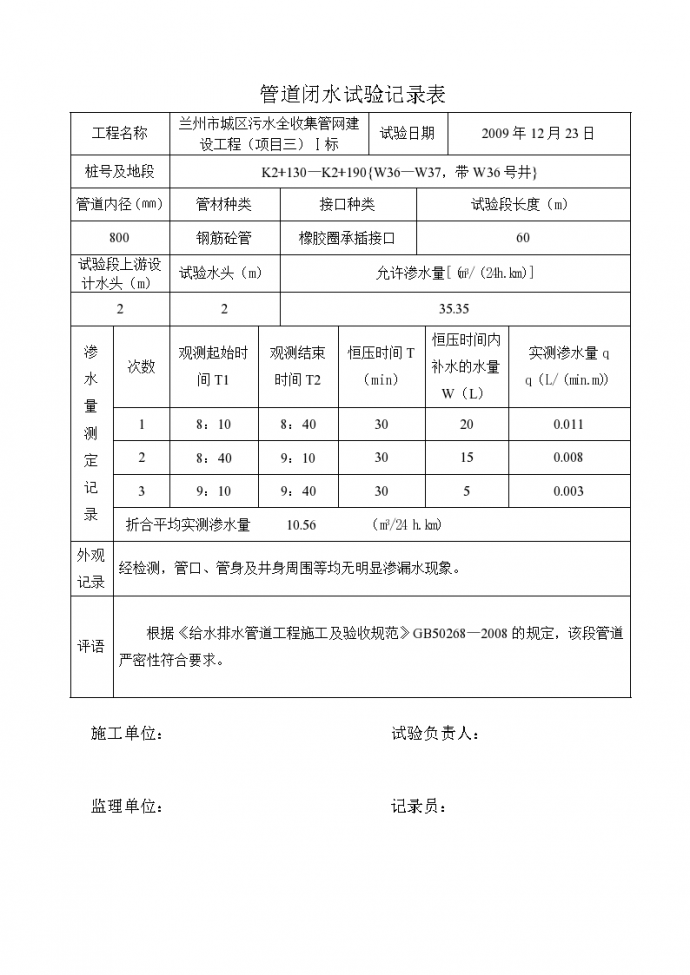 甘肃省市政资料部分检验批表格_图1
