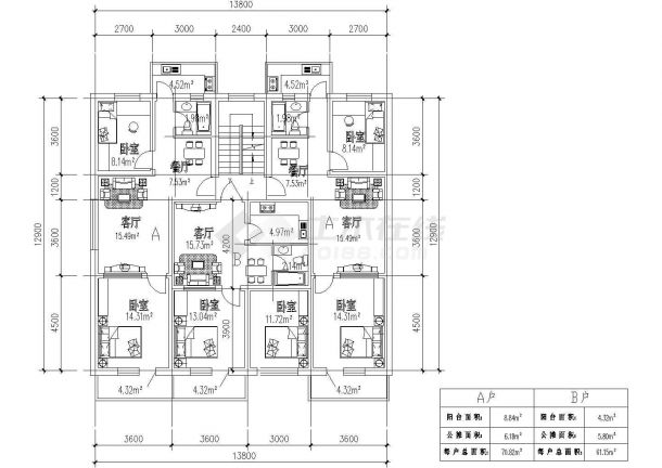 板式多层一梯两户户型施工CAD图纸-图一