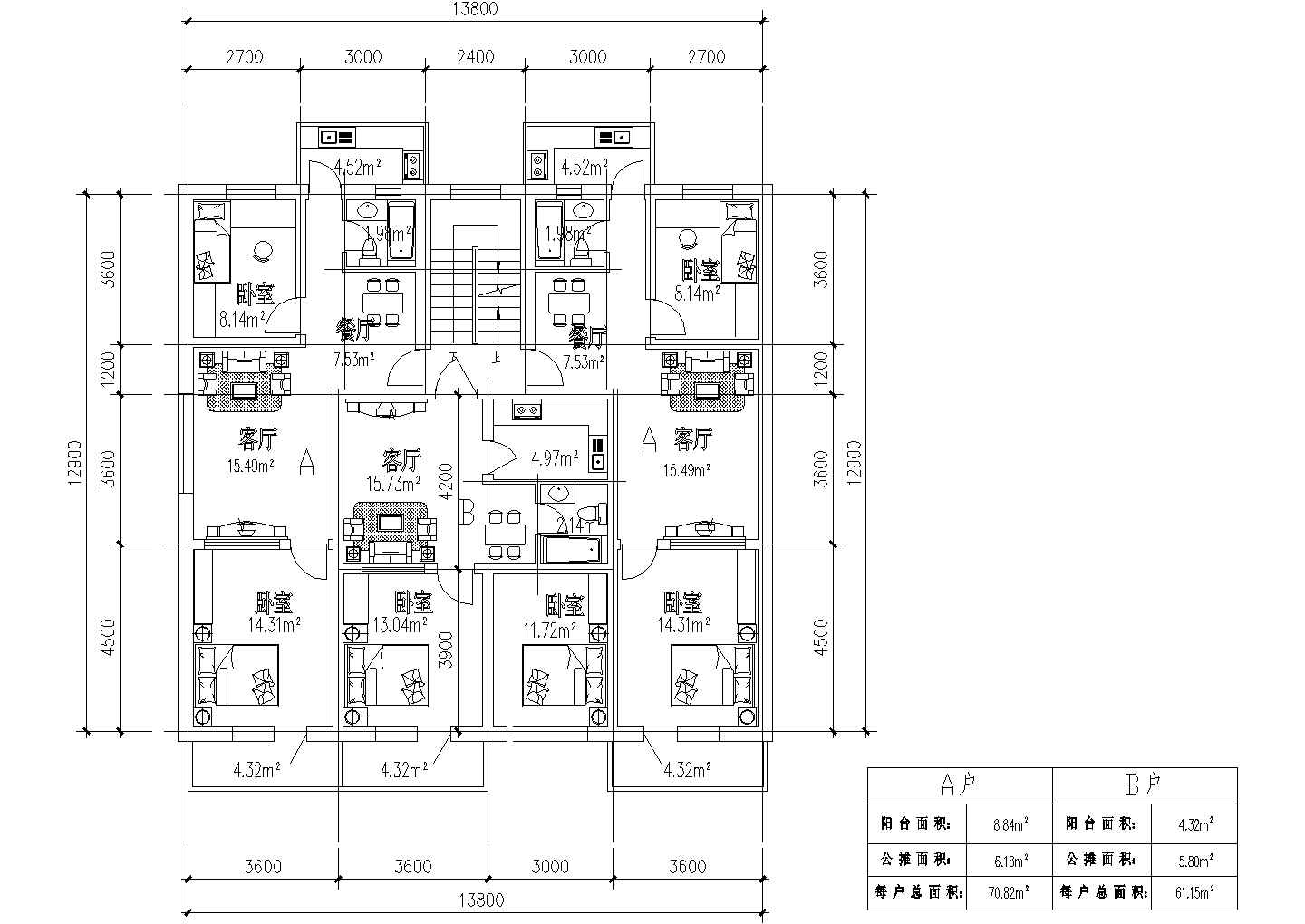 板式多层一梯两户户型施工CAD图纸