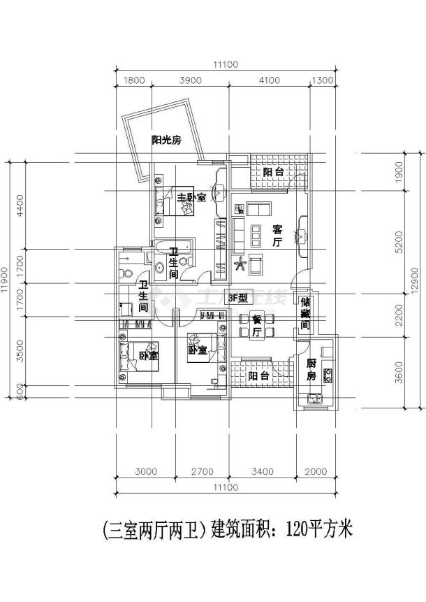 板式多层单户三室二厅二卫户型图纸-图一