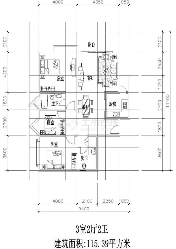 板式多层单户三室二厅二卫户型图-图一