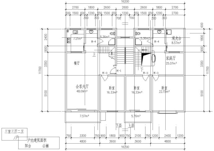 板式多层一梯二户三室三厅二卫户型图纸_图1