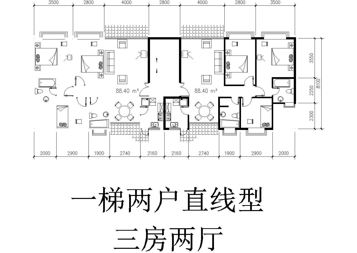 板式多层一梯二户直线型户型图