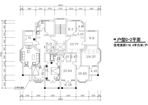 板式高层一梯二户户型施工CAD图-图二