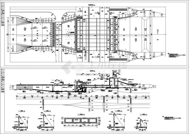 大型潜水轴流泵枢纽工程结构布置图 包含着泵站纵剖图-图一