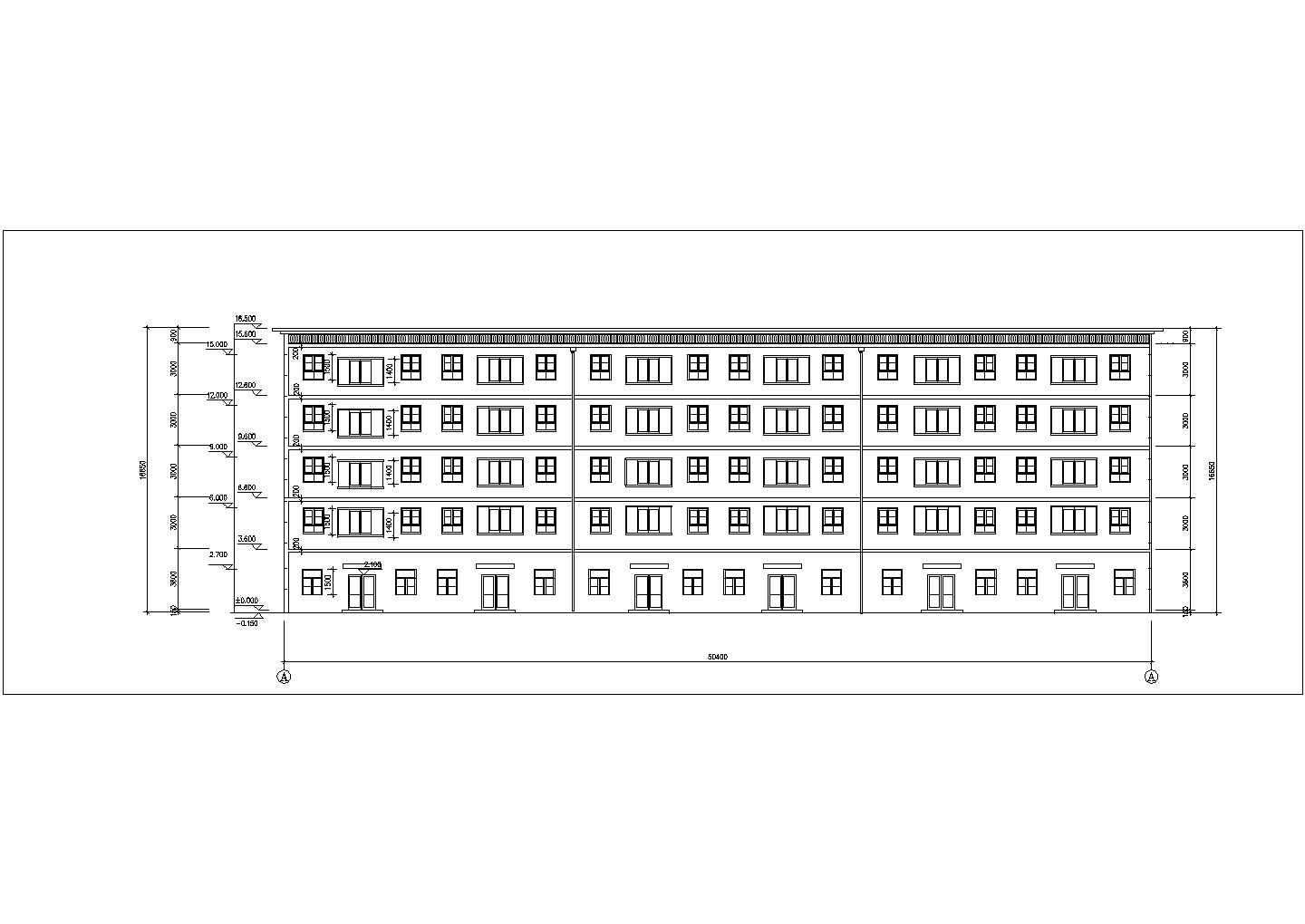 2600平米五层框架结构商住楼全套建筑设计CAD图纸（底层商店）