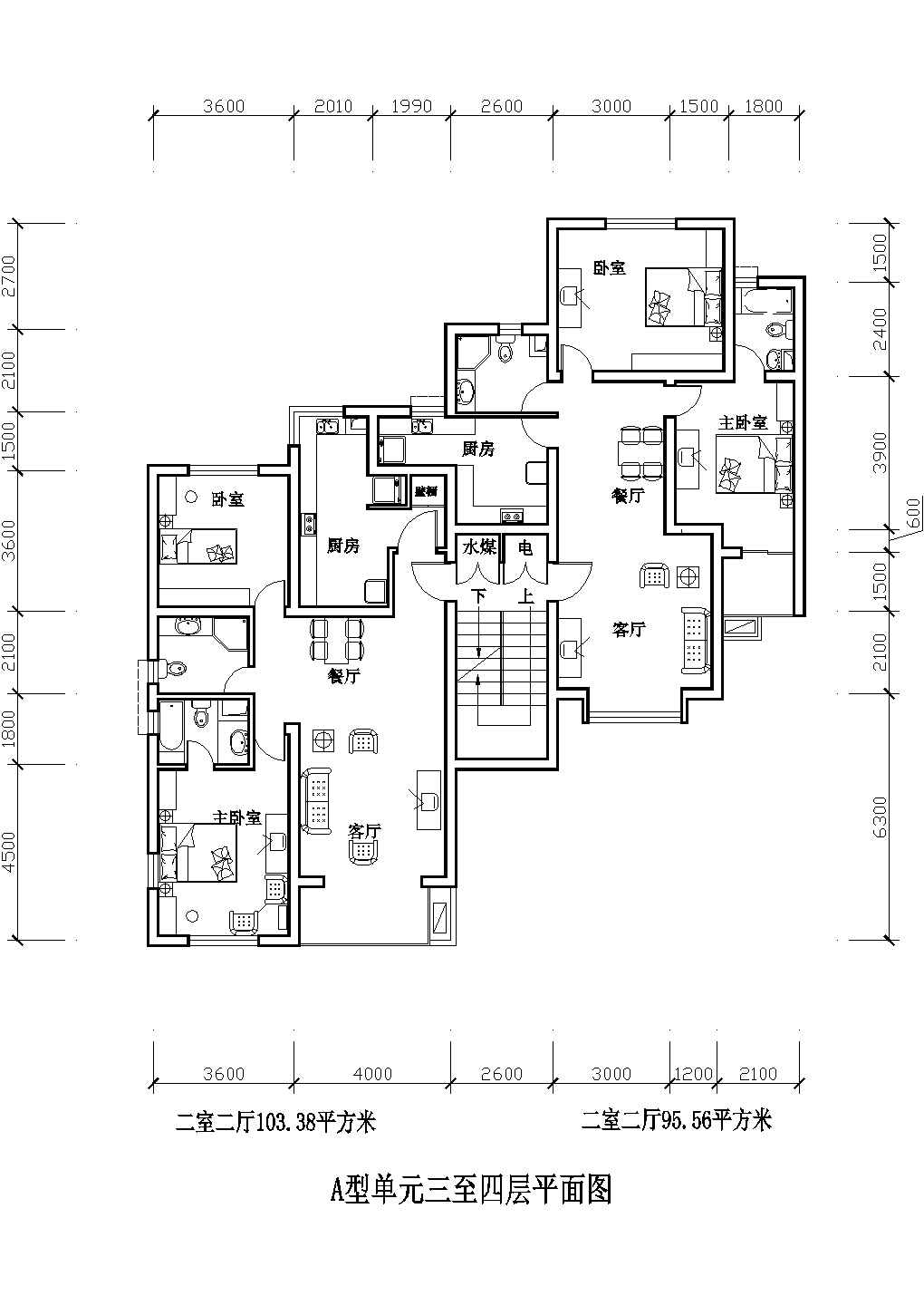 二室二厅103平米Cad户型图设计（绘图细致）