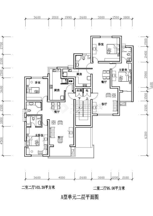 二室二厅103平米Cad户型图设计-图二