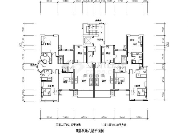 三室二厅143平米Cad户型图设计（绘图细 致）-图二