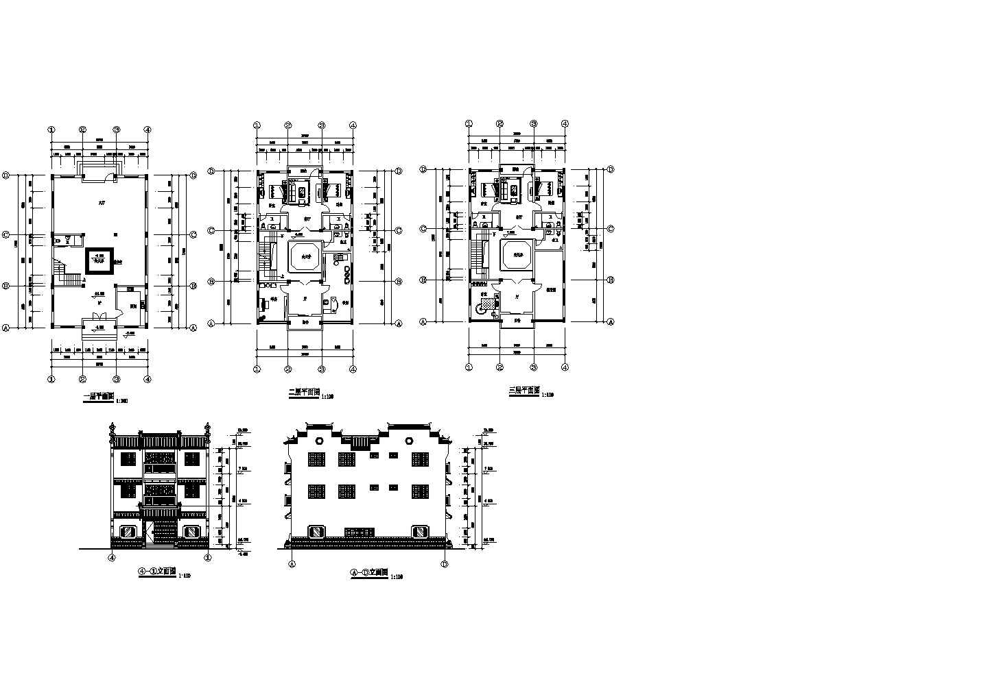 某徽派风格民居建筑施工图纸(cad,5张图纸)